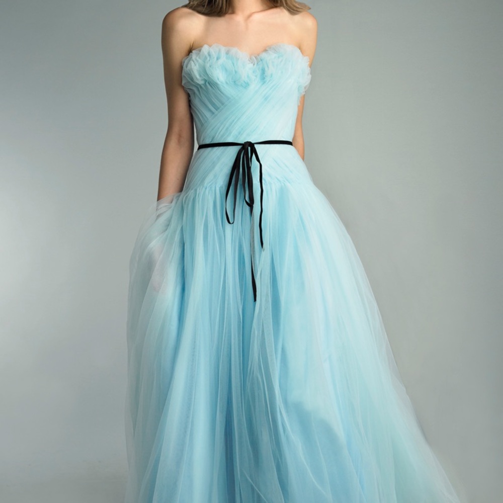 NWT BAAIX BLACK LABEL Strapless Light Blue Tulle Gown with Black Waist Tie